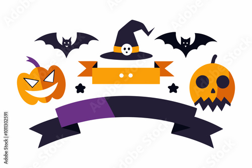 Halloween minimalist banner design with pumpkins, bats, and witch hat photo