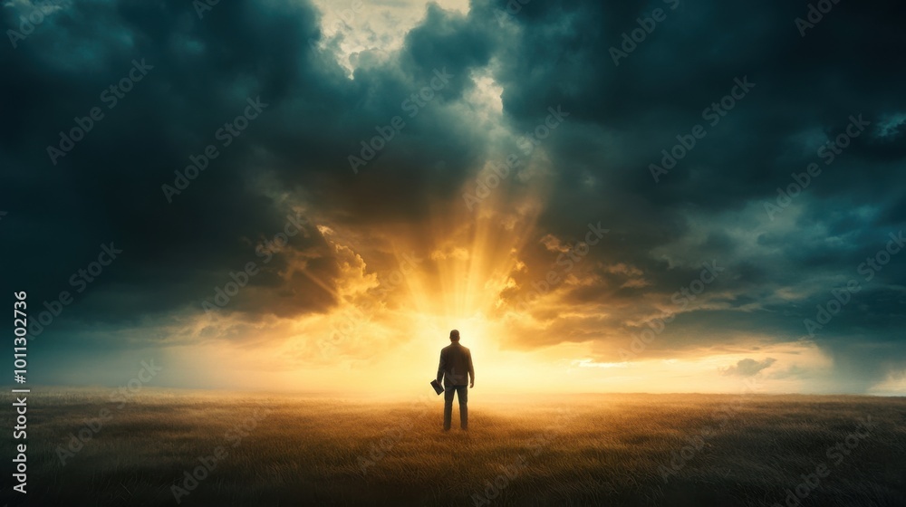 Man Standing Under a Dramatic Sky Holding a Bible as Beams of Light Break Through the Clouds Man Standing Under a Dramatic Sky Holding a Bible as Beams of Light Break Through the Clouds