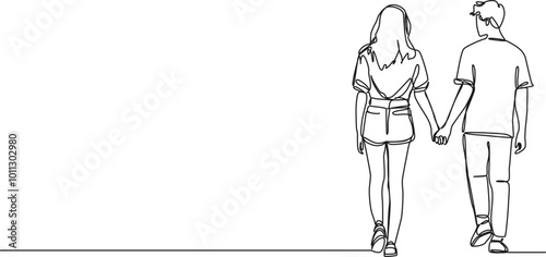continuous single line drawing of young couple walking hand in hand, rear view, line art vector illustration