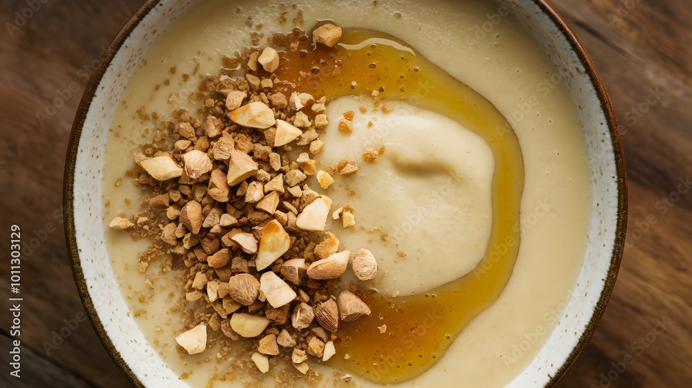 A smooth, creamy bowl of Hilba, a fenugreek-based dessert with a thick, pudding-like consistency, topped with honey and crushed nuts for added sweetness and texture.
A smooth, creamy bowl of Hilba, a fenugreek-based dessert with a thick, pudding-like consistency, topped with honey and crushed nuts for added sweetness and texture.