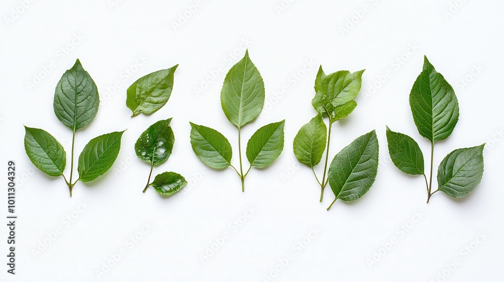 A minimalistic composition featuring a few green leaves arranged neatly on a bright white backdrop for a fresh look. A minimalistic composition featuring a few green leaves arranged neatly on a bright white backdrop for a fresh look.