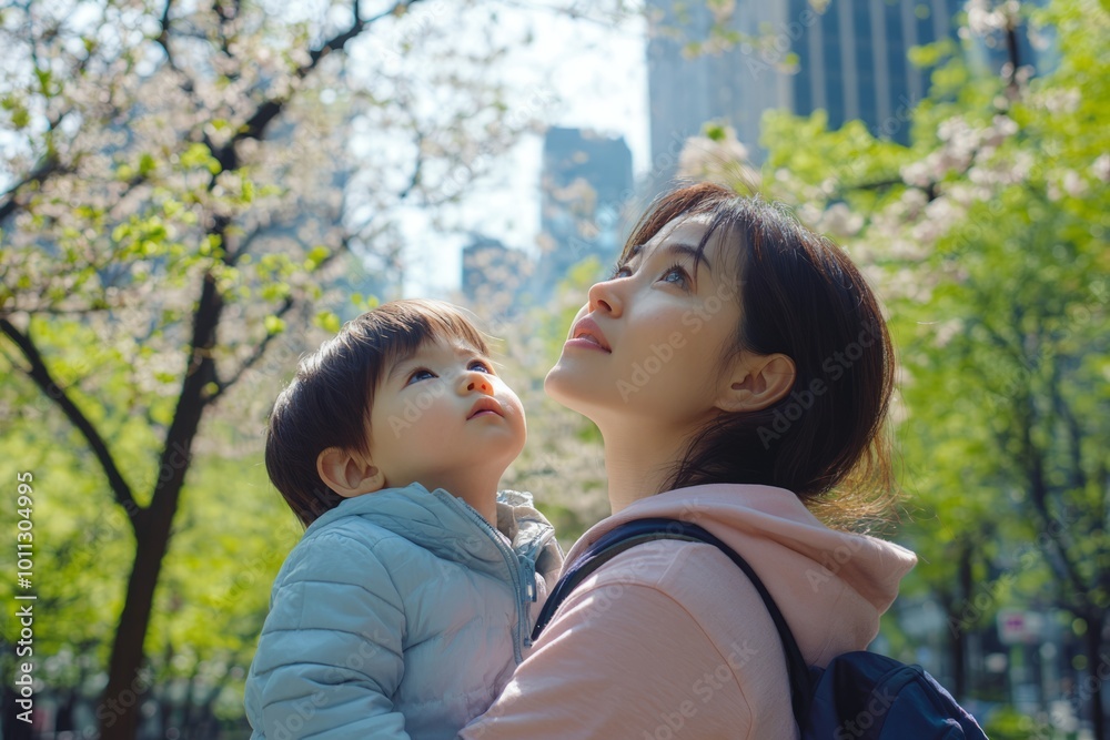 Mother holding her child in a peaceful park during spring. Mother holding her child in a peaceful park during spring.