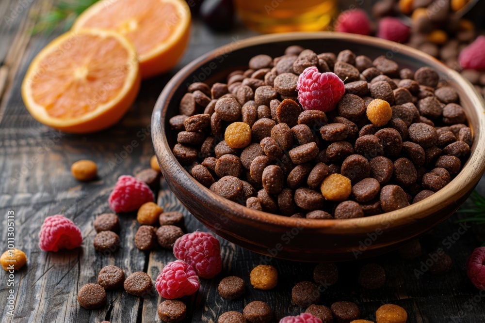 A bowl of crunchy chocolate cereal with fresh raspberries and oranges, presenting a nutritious and energizing breakfast option.

