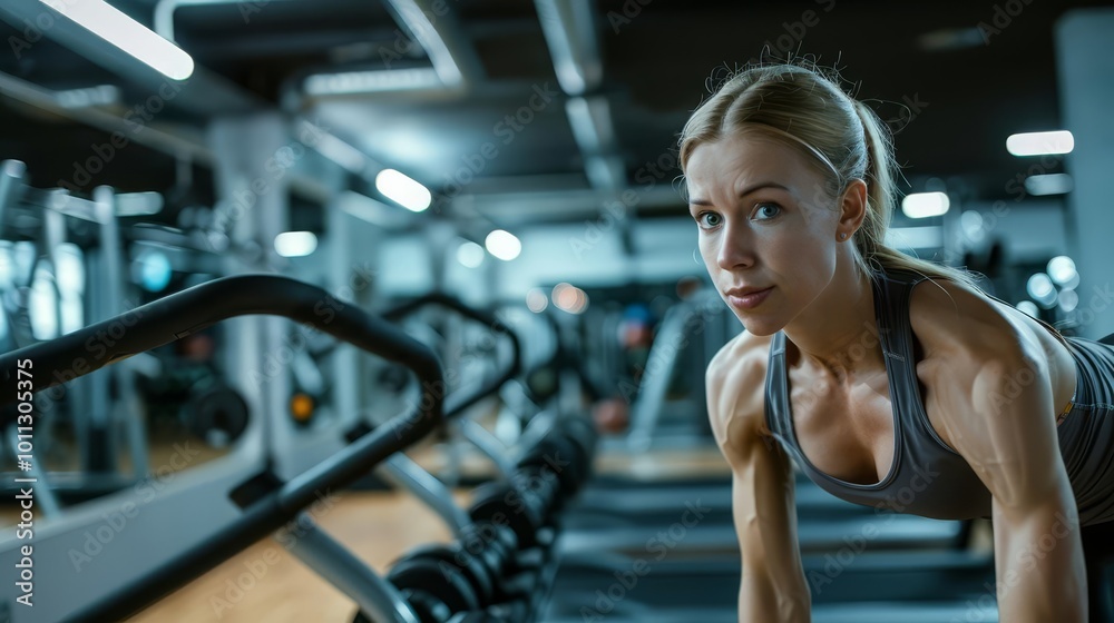 Determined woman in yellow shirt doing pushups in a gym Determined woman in yellow shirt doing pushups in a gym