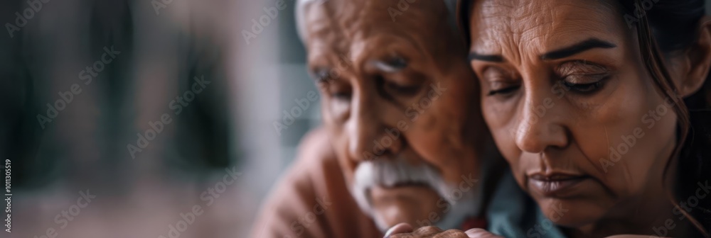 Closeup of an elderly couple, looking down with a thoughtful expression. Closeup of an elderly couple, looking down with a thoughtful expression.