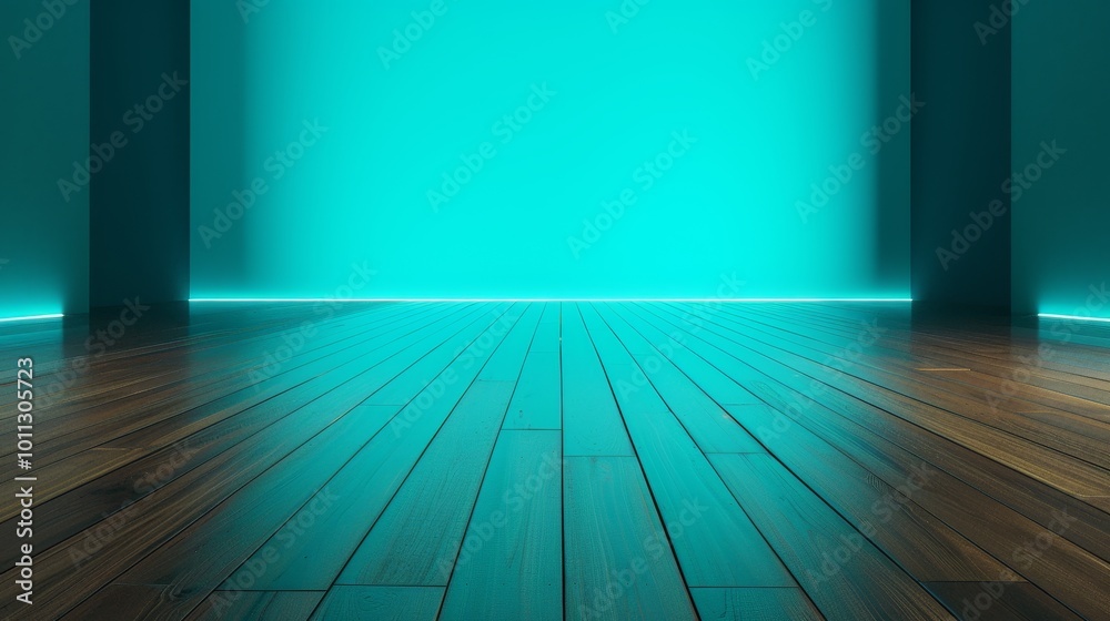Abstract background with a wooden floor and glowing teal light. Minimalist and modern design. Perfect for product displays or presentations. Abstract background with a wooden floor and glowing teal light. Minimalist and modern design. Perfect for product displays or presentations.
