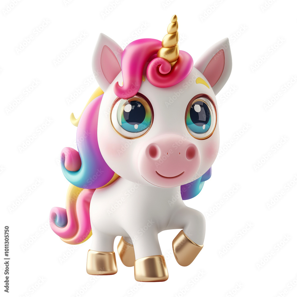 Naklejka premium Smiling girl unicorn cartoon character in 3d style design with colorful rainbow mane hair walking. Cute fairytale fantasy animal concept