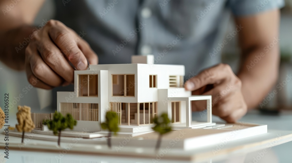 Close-up of a hand adjusting a miniature house model. Close-up of a hand adjusting a miniature house model.