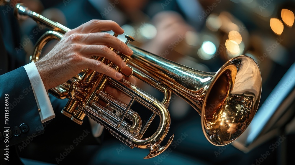 Fototapeta premium Brass Instrument in Performance, Close-Up View