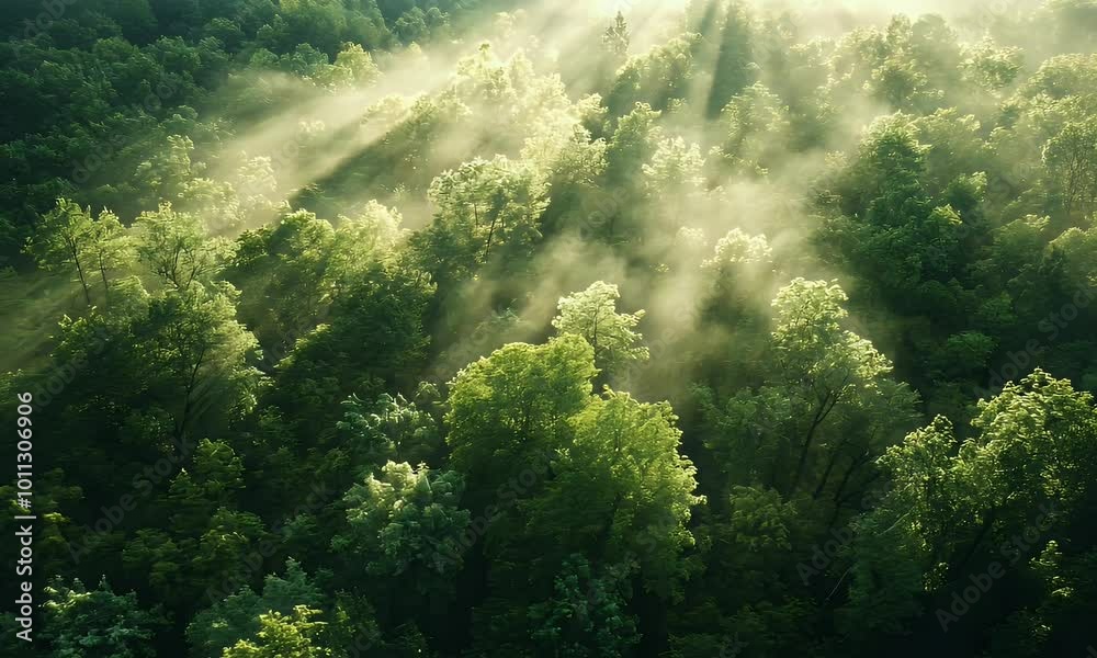 A serene aerial view of a lush forest illuminated by soft rays of sunlight.