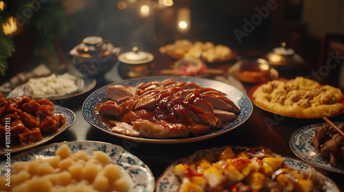 dining table filled with traditional Chinese food, showcasing vibrant dishes