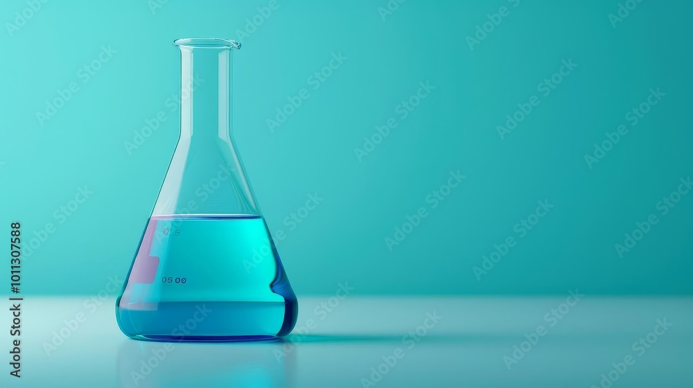 A single beaker filled with blue liquid against a turquoise background. A single beaker filled with blue liquid against a turquoise background.