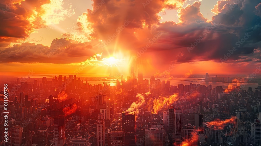 Fototapeta premium Stunning sunset over city skyline, with dramatic clouds and golden light.