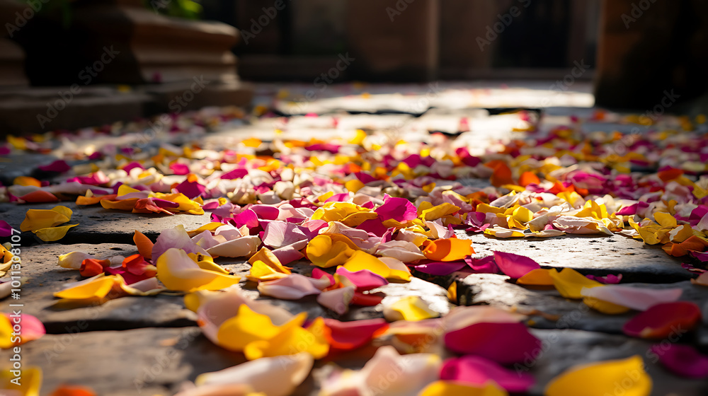 Colorful flower petals scattered on ground create vibrant scene