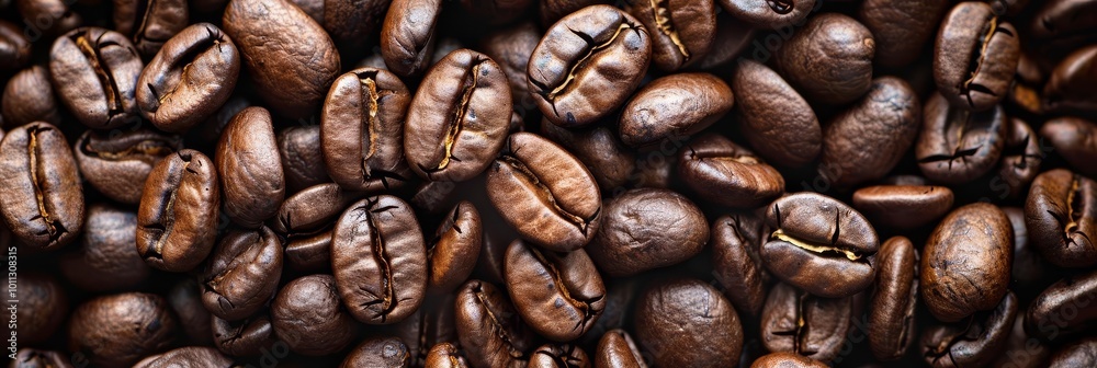 Close up of roasted coffee beans, perfect for backgrounds or textures.