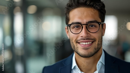 Smiling businessman wearing glasses and a suit jacket.