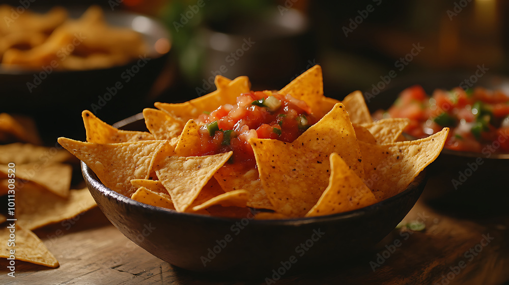 Crispy corn chips served with fresh salsa create festive atmosphere Crispy corn chips served with fresh salsa create festive atmosphere