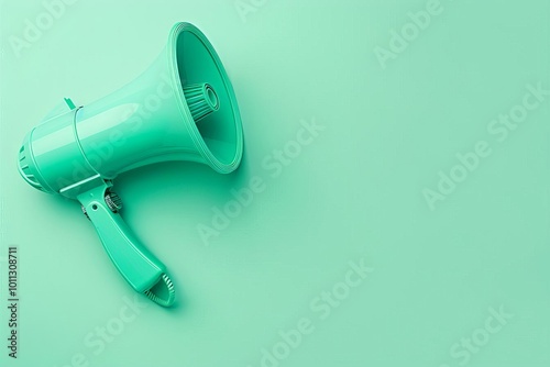 Communication megaphone in teal on a light green background With copy space