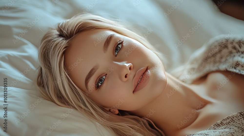 a picture of a young, seductive woman curled up in bed. Beautiful blonde with a gentle grin, calmly facing the camera. Beautiful woman posing in a studio. background blur a picture of a young, seductive woman curled up in bed. Beautiful blonde with a gentle grin, calmly facing the camera. Beautiful woman posing in a studio. background blur