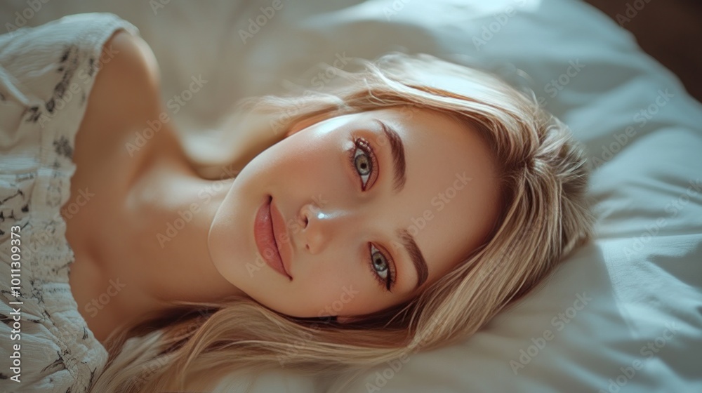 a picture of a young, seductive woman curled up in bed. Beautiful blonde with a gentle grin, calmly facing the camera. Beautiful woman posing in a studio. background blur