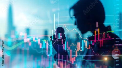 Wallpaper Mural Silhouette of a businesswoman holding a coin against a backdrop of financial data. Torontodigital.ca