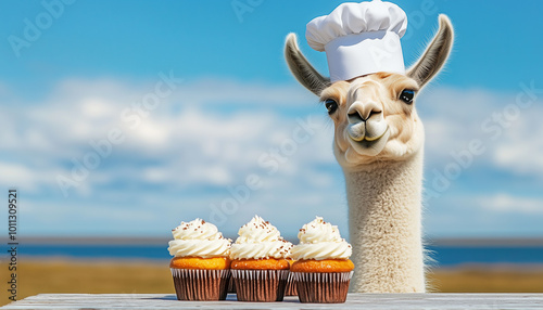 A cute llama chef with freshly baked cupcakes on the outdoor table


