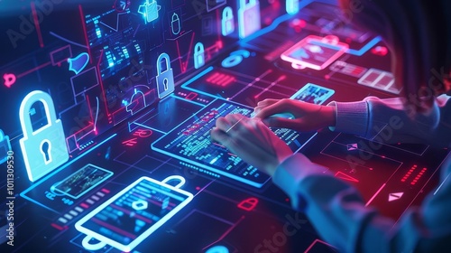 Wallpaper Mural Cybersecurity awareness scene with a person securing their digital data, surrounded by holographic locks and security symbols with copy space Torontodigital.ca