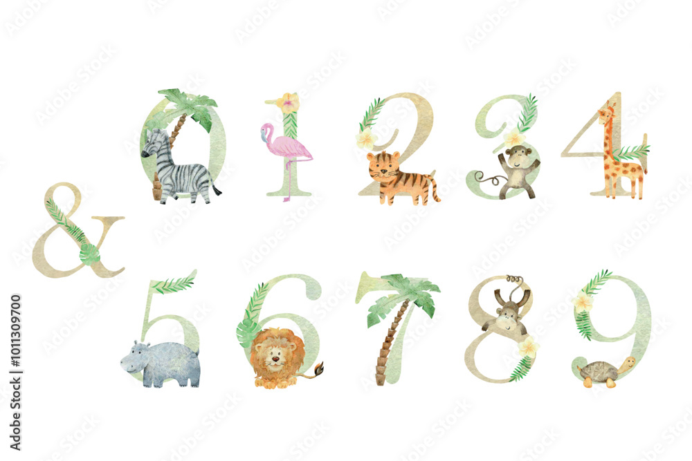 Obraz premium Watercolor animals numbers.