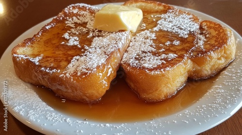 Enjoy how delicious this homemade French toast is! Thick slices of fluffy bread coated in eggs and deep-fried until golden brown. Add syrup, powdered sugar, and butter on top. Delectable morning delic photo