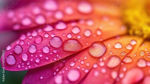 Vibrant Raindrops on Flower Petal, a close-up view showcasing colorful droplets clinging to a petal, with a softly blurred background enhancing the freshness of nature.