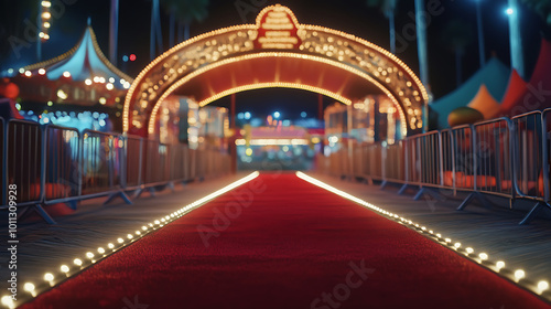 vibrant red carpet leads to beautifully lit stage at carnival, creating inviting atmosphere