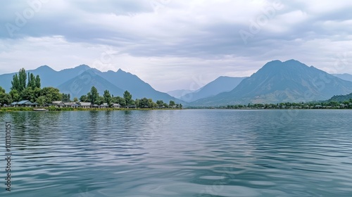 Calm Dal Lake in Srinagar, Kashmir, with breathtaking mountains in the background photo