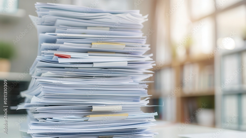 Cluttered Workspace, Stacked documents create a sense of urgency in a busy office environment, highlighting the demands of everyday business tasks and responsibilities. Cluttered Workspace, Stacked documents create a sense of urgency in a busy office environment, highlighting the demands of everyday business tasks and responsibilities.