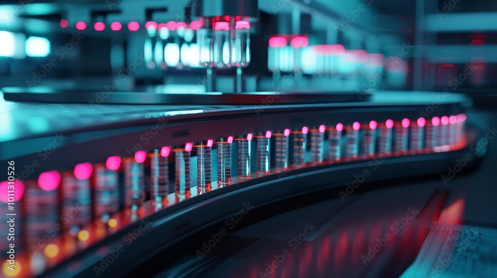Rows of glowing test tubes in a laboratory setting. Rows of glowing test tubes in a laboratory setting.