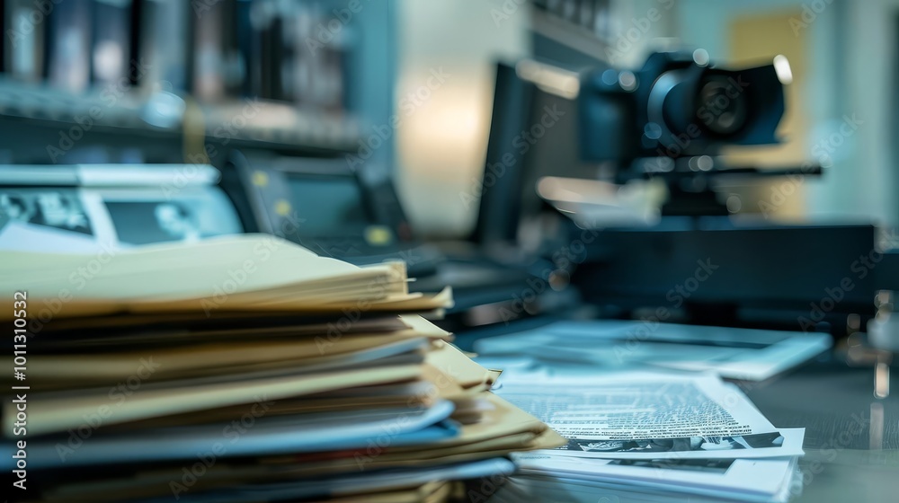 Close-up of a stack of files on a desk with a camera in the background. Close-up of a stack of files on a desk with a camera in the background.