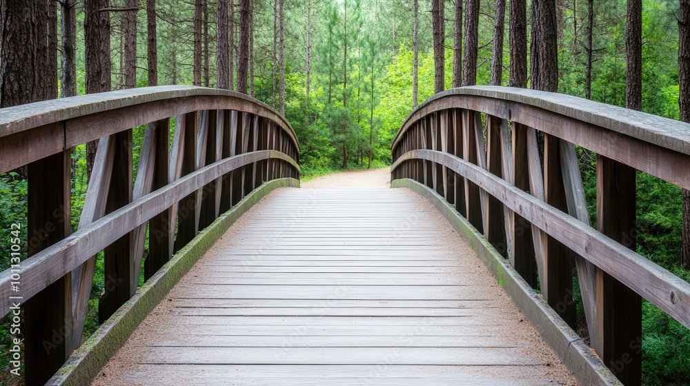 Serene pathway through a tranquil pine forest, leading to a charming wooden bridge, inviting exploration and connection with nature's beauty Serene pathway through a tranquil pine forest, leading to a charming wooden bridge, inviting exploration and connection with nature's beauty