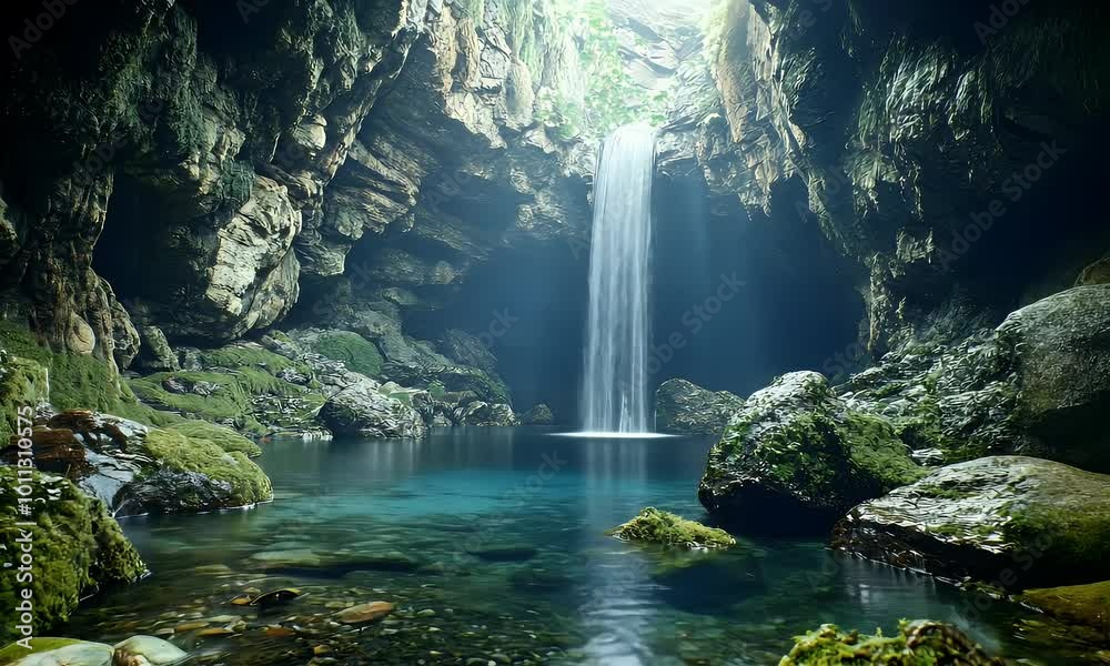 A serene cave with a waterfall cascading into a tranquil pool surrounded by mossy rocks. A serene cave with a waterfall cascading into a tranquil pool surrounded by mossy rocks.