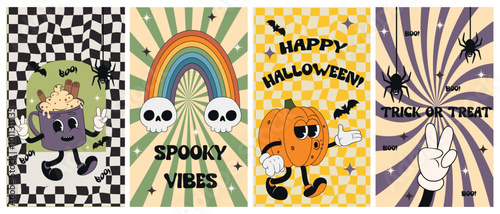 Big vector vertical retro groovy Halloween poster set. Groovy illustration style with pumpkins, bat, spider vibes and autumn coffee cup in trendy retro cartoon style. Celebration, greeting card banner