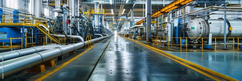 Fototapeta premium Industrial factory interior with large pipes and machinery.