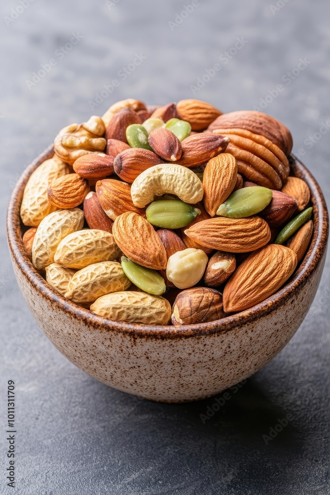 Mix of assorted nuts in a bowl on a rustic surface. Mix of assorted nuts in a bowl on a rustic surface.