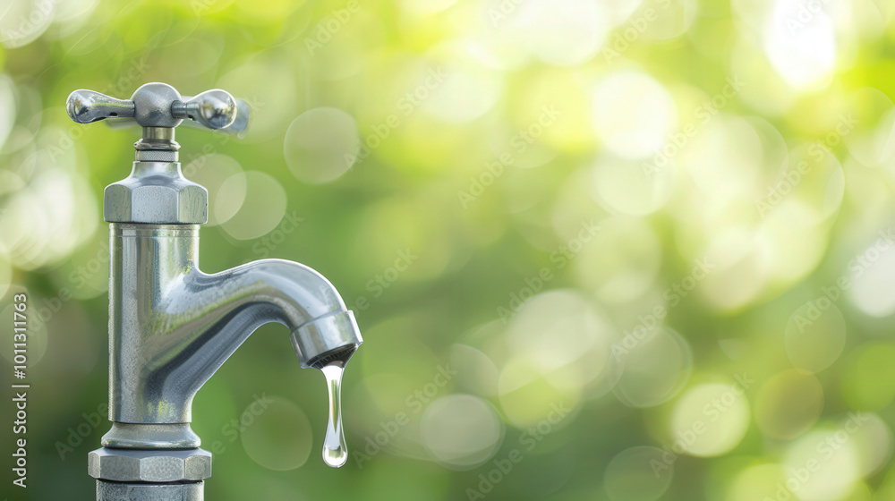 Dripping Outdoor Faucet, an outdoor faucet leaking water against a softly blurred background, providing ample space for text or graphics to enhance the visual appeal. Dripping Outdoor Faucet, an outdoor faucet leaking water against a softly blurred background, providing ample space for text or graphics to enhance the visual appeal.