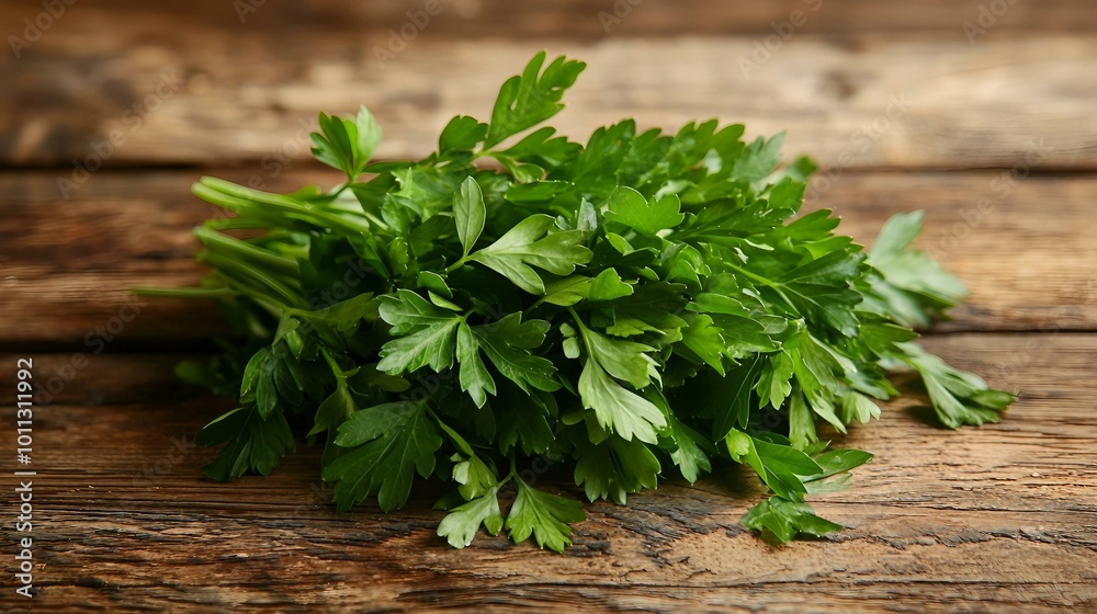 Fresh Parsley on Rustic Wooden Table: Culinary Essentials Fresh Parsley on Rustic Wooden Table: Culinary Essentials