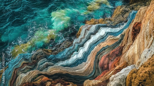 This image displays a colorfully patterned seaside cliff. Rain and wind eroded the cliff over time, creating the patterns. The hues are red, green, and blue.