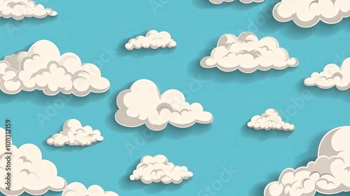 Wallpaper Mural Fluffy Cloudscape, a vibrant flat design illustration showcasing a serene sky dotted with soft, scattered clouds, evoking a sense of calm and openness in the atmosphere. Torontodigital.ca