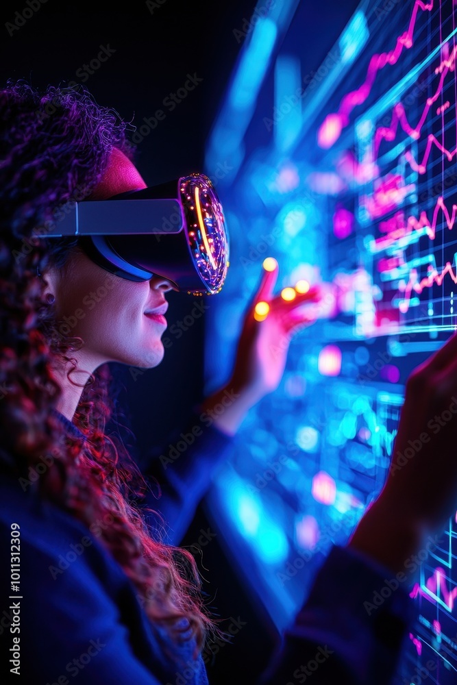 Woman uses VR headset interacting with a digital data visualization. Woman uses VR headset interacting with a digital data visualization.