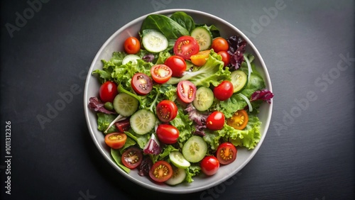 Fresh salad with tomatoes, cucumbers, and lettuce on a gray plate.