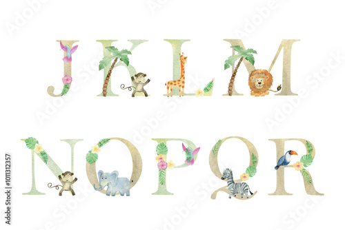 Watercolor animals letters.