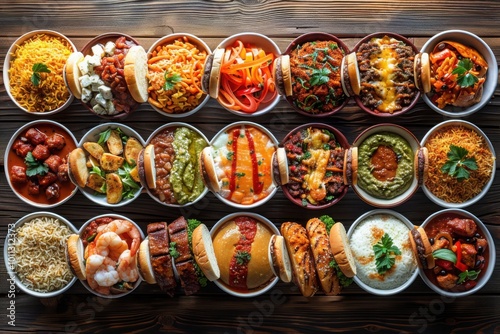 An impressive selection of gourmet burgers, rice bowls, and sandwiches, displayed in an organized food grid, offering a wide variety of delicious flavors and textures.