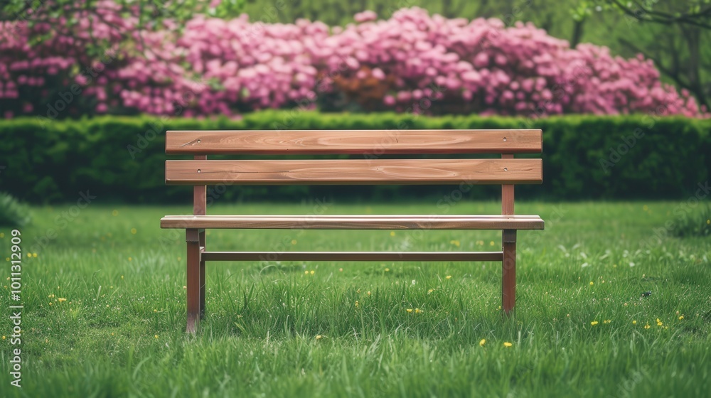 Serene Wooden Bench Surrounded by Vibrant Blossoms in a Lush Green Meadow, Inviting Rest Amidst Nature's Beauty Serene Wooden Bench Surrounded by Vibrant Blossoms in a Lush Green Meadow, Inviting Rest Amidst Nature's Beauty