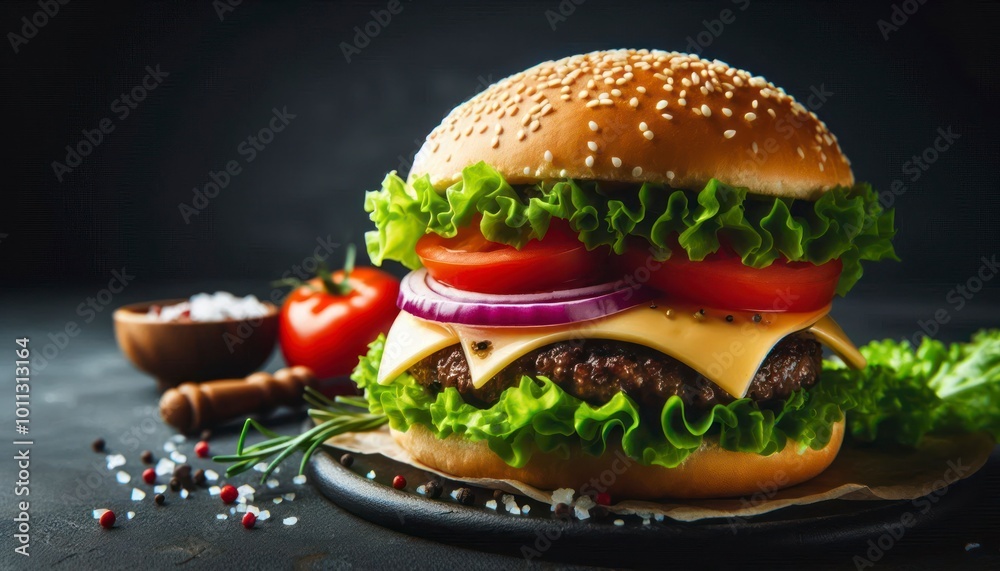 Close-up of delicious fresh home made burger with lettuce, cheese, onion and tomato on a dark background. Close-up of delicious fresh home made burger with lettuce, cheese, onion and tomato on a dark background.